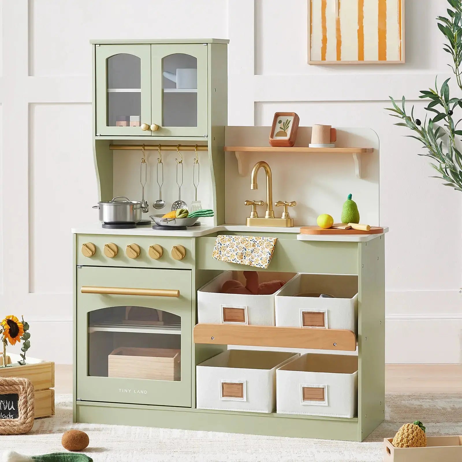Tiny Land® Pretend Play Kitchen for Toddlers - Serenity Wooden Kitchen – Green Tiny Land INC