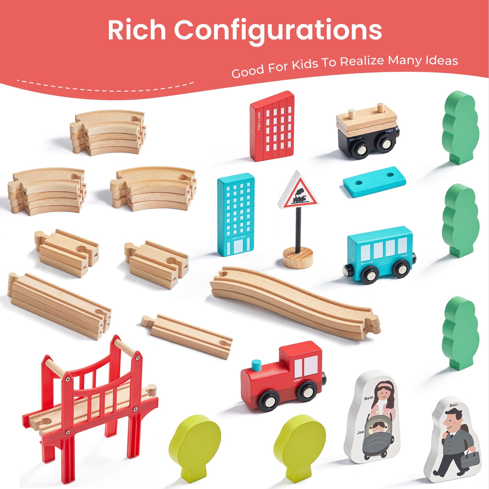 Tiny Land® Wooden Train Set for Children 