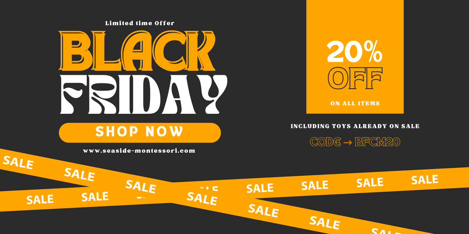 Black Friday sale banner with promotional text and discounts on a black background Seaside-Montessori