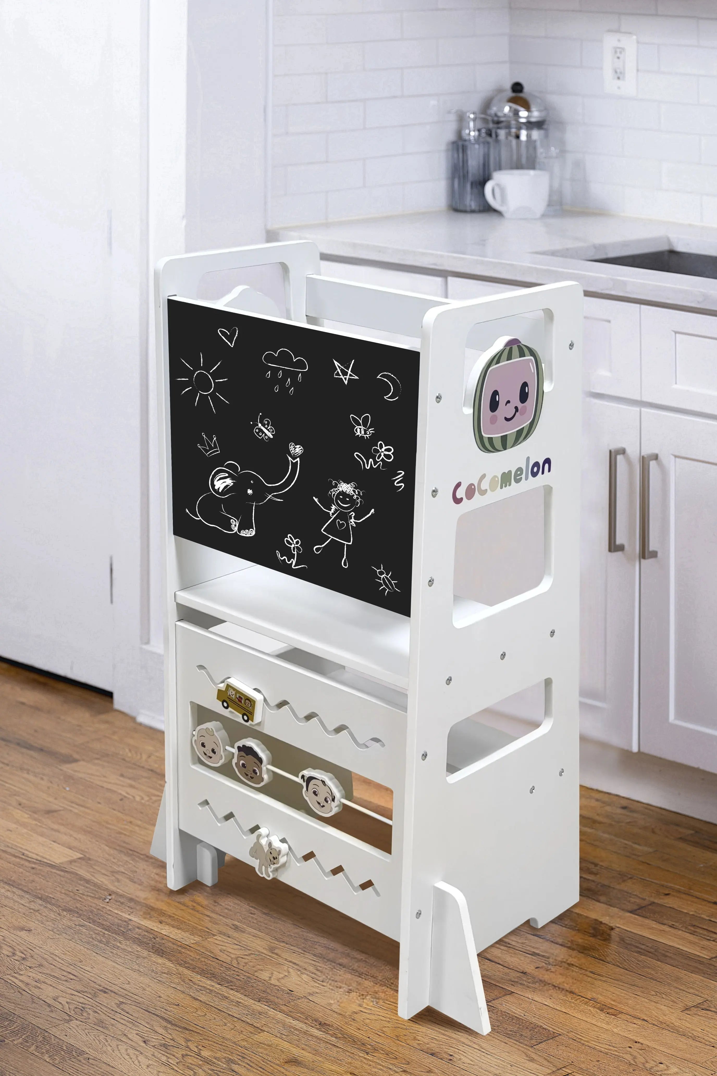 Date CocoMelon 3-in-1 Kitchen Tower for Kids – Step Stool & Chalkboard Learning Helper Avenlur.com
