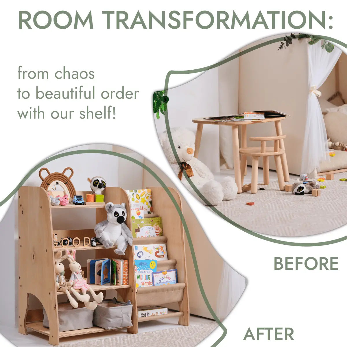 Montessori 2-in-1 Bookshelf & Toy Shelf for Toddlers – Solid Wood (3 Colors) Goodevas