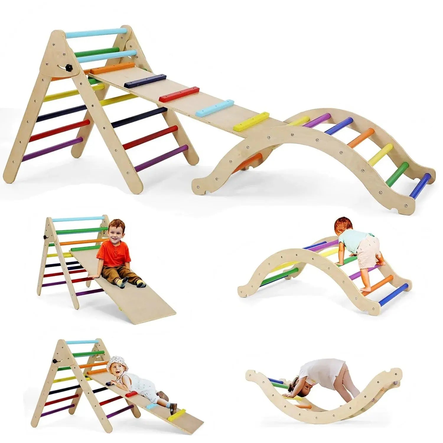 Foldable Climbing Triangle Ladder Toys with Ramp for Sliding,Climbing Set of 3 Wooden Safety Sturdy Kids Play Gym Indoor Outdoor Seaside-Montessori