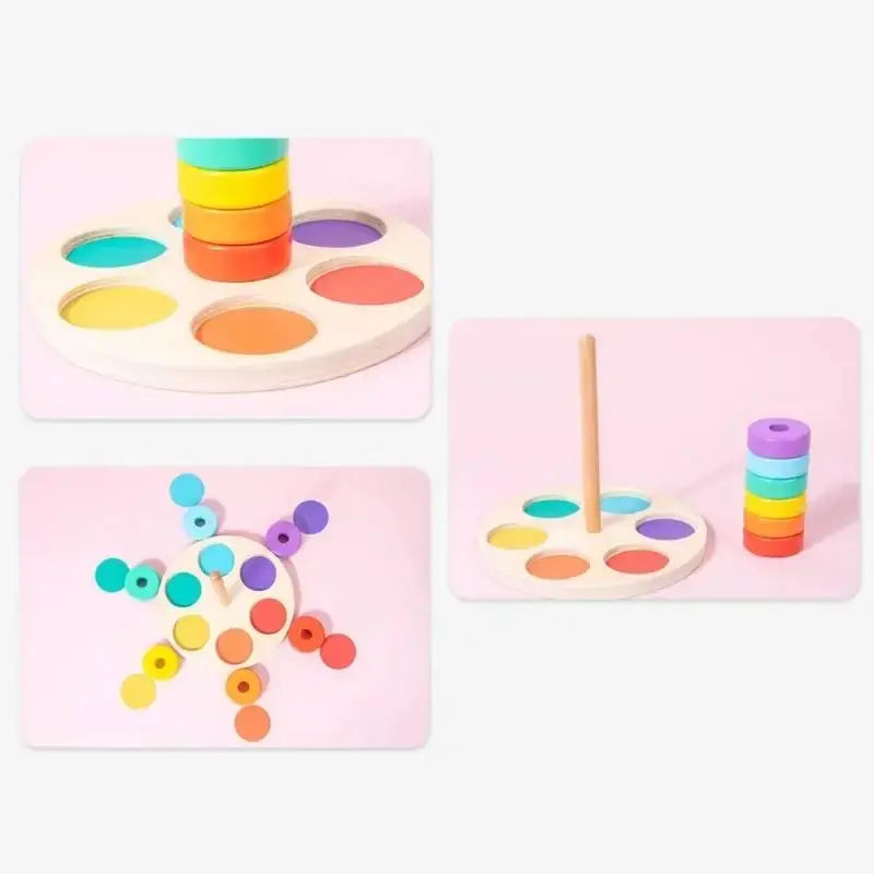 Baby Wooden Rainbow Stacking Toy Montessori Coloerful Blocks Classification and Nested Games Fine Motor Training Shape Matching Seaside-Montessori