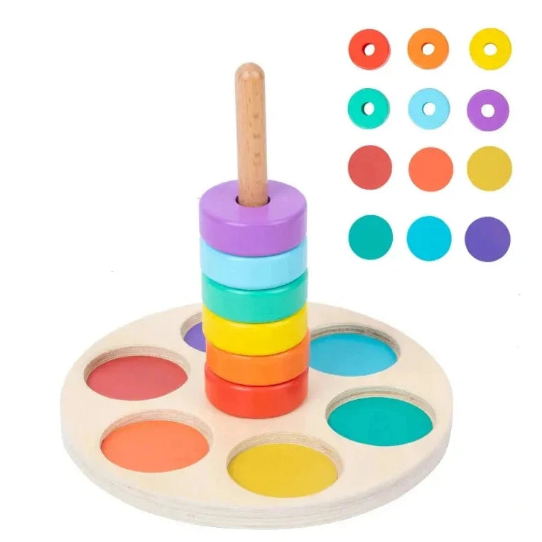 Baby Wooden Rainbow Stacking Toy Montessori Coloerful Blocks Classification and Nested Games Fine Motor Training Shape Matching Seaside-Montessori