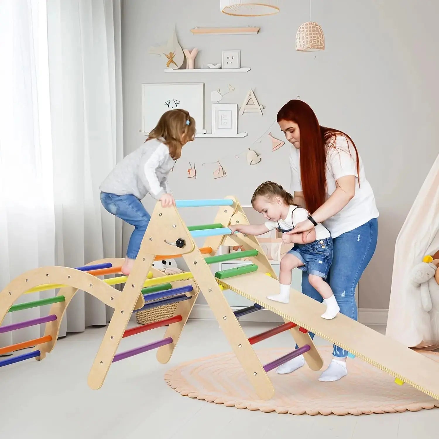 Foldable Climbing Triangle Ladder Toys with Ramp for Sliding,Climbing Set of 3 Wooden Safety Sturdy Kids Play Gym Indoor Outdoor Seaside-Montessori