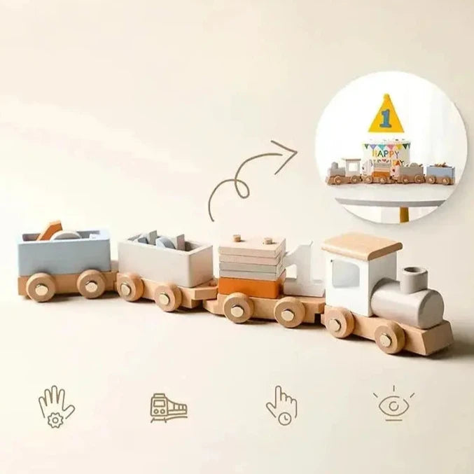 Wooden Train Birthday Toy  Montessori Toys Baby Educational Toys  Wooden Trolley  Baby Learning Toys  Number Of Wood Baby's Toys Seaside-Montessori