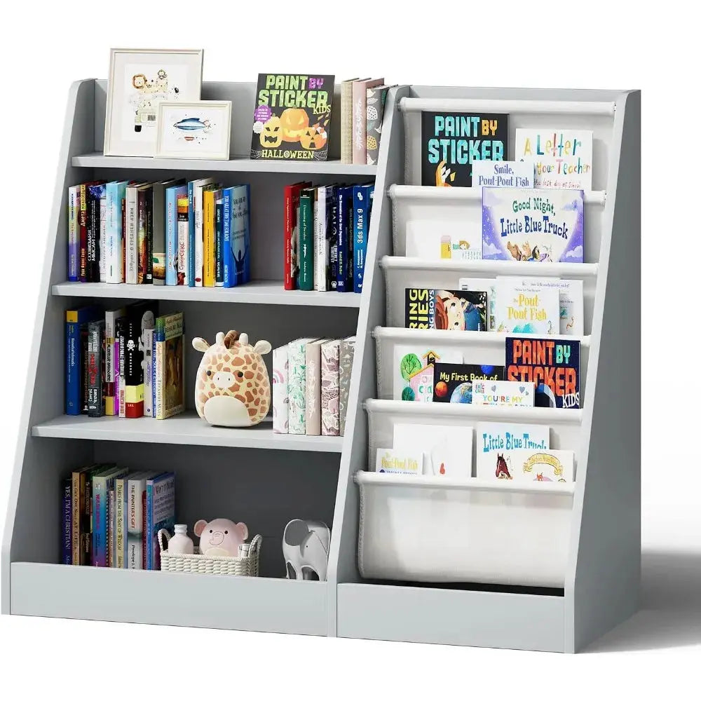 Gray 4 Tier Kids Wooden Bookshelf ,Book and Toy Organizer Cabinet,Child Book Display Playroom Nursery Bedroom Seaside-Montessori