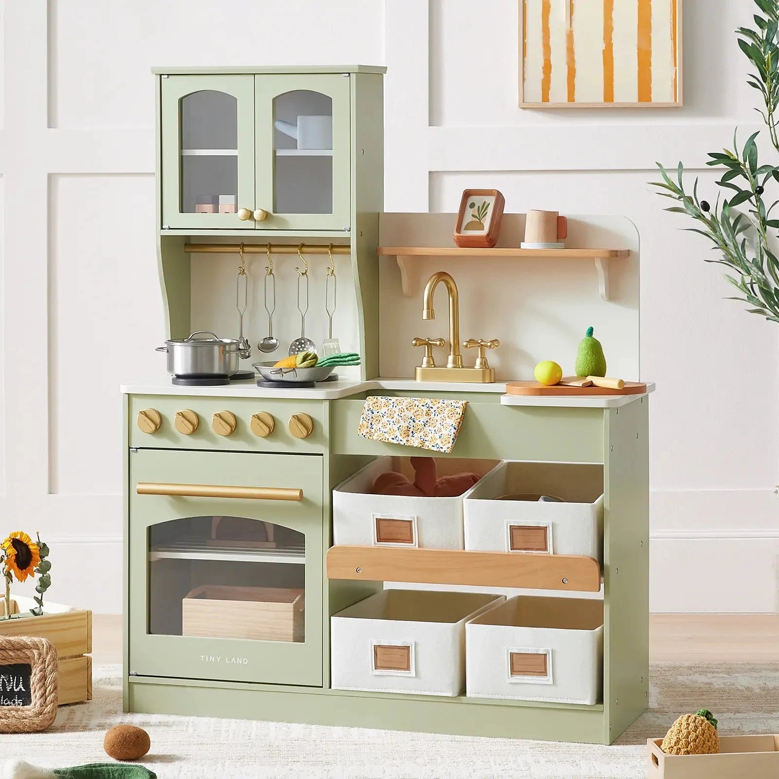 Tiny Land® Pretend Play Kitchen for Toddlers - Serenity Wooden Kitchen – Green Tiny Land INC