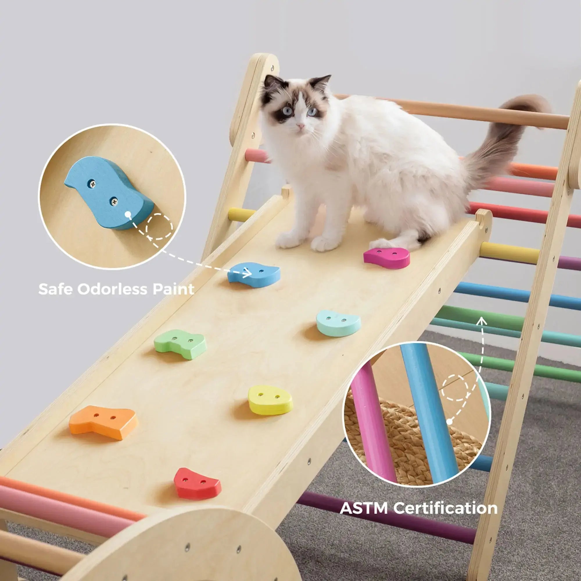 Cat playing on a colorful wooden climbing toy with safe odorless paint and ASTM certification details.